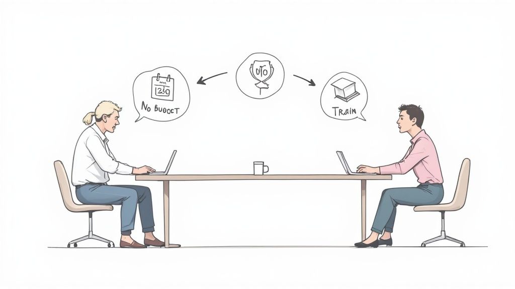 A person calmly sitting at a table across from their manager, engaged in a professional negotiation.