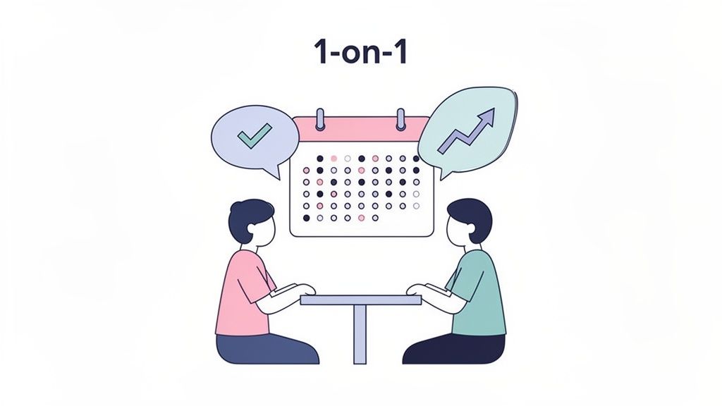 Two people in a 1-on-1 meeting discussing progress and achievements next to a calendar.
