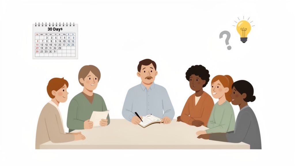 A diverse group of six people meeting around a table, with a 30-day calendar and idea icons.