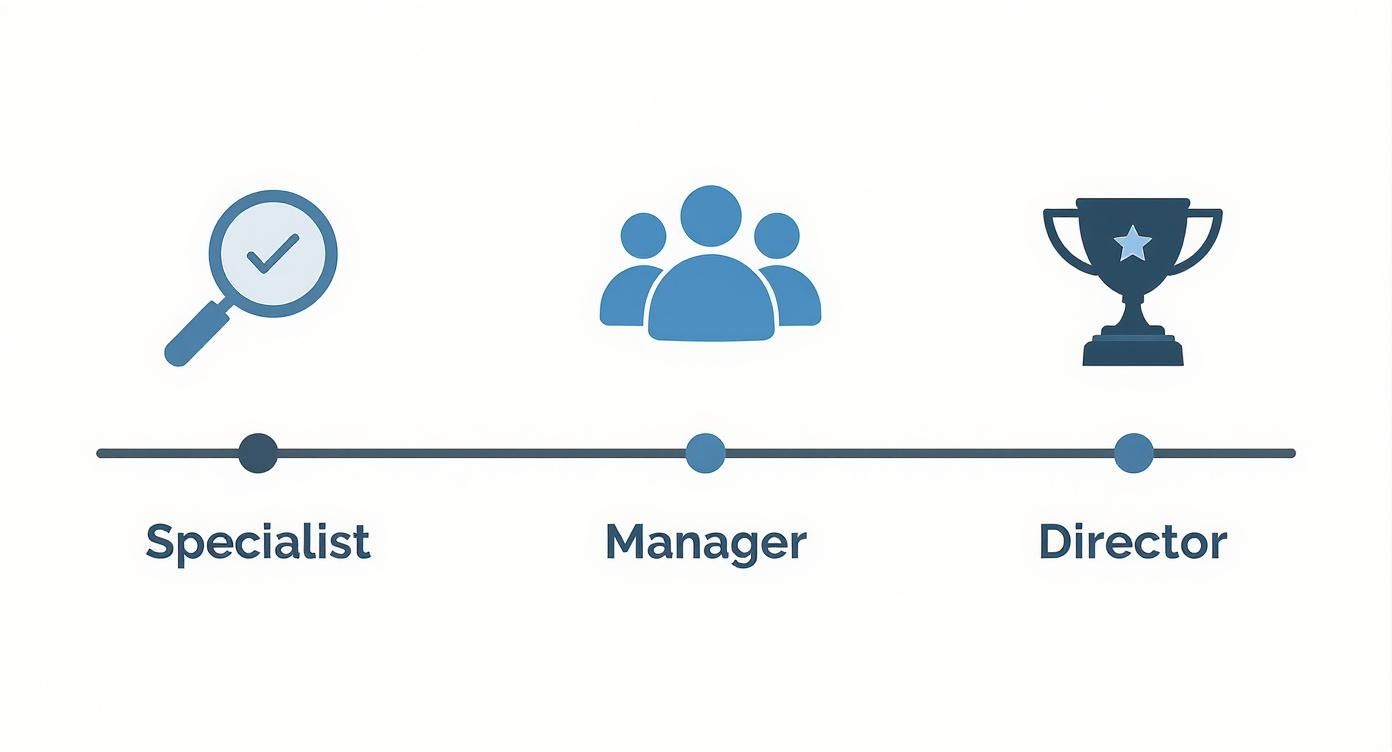 Career progression path from specialist to manager to director with icons showing advancement