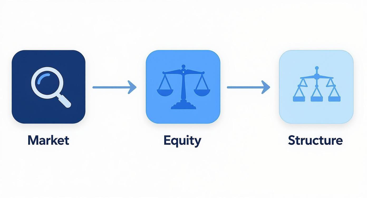 A three-step process diagram illustrating market analysis, equity assessment, and structural balance.