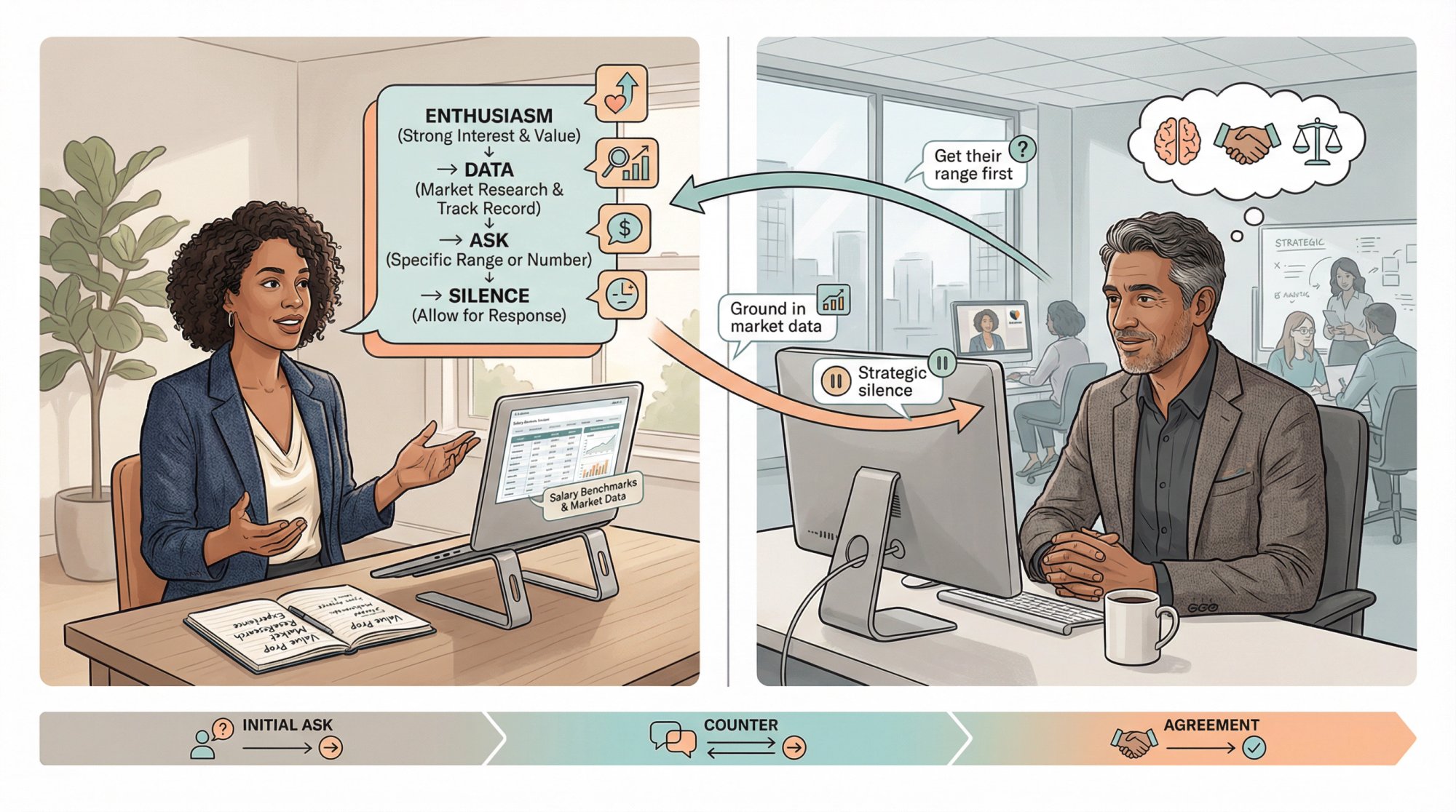 Professional split-panel illustration showing the anatomy of a successful salary negotiation conversation with key script components
