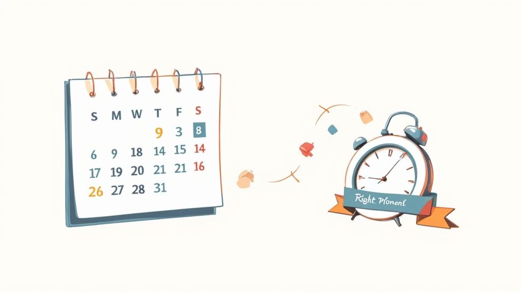 A professional looking at a calendar, strategically planning the best time to ask for a raise.