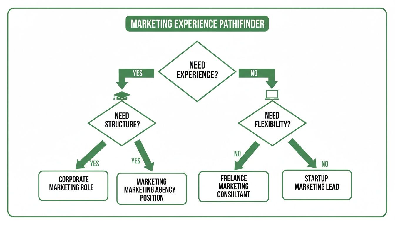 Flowchart outlining marketing career paths based on needs for experience, structure, and flexibility.