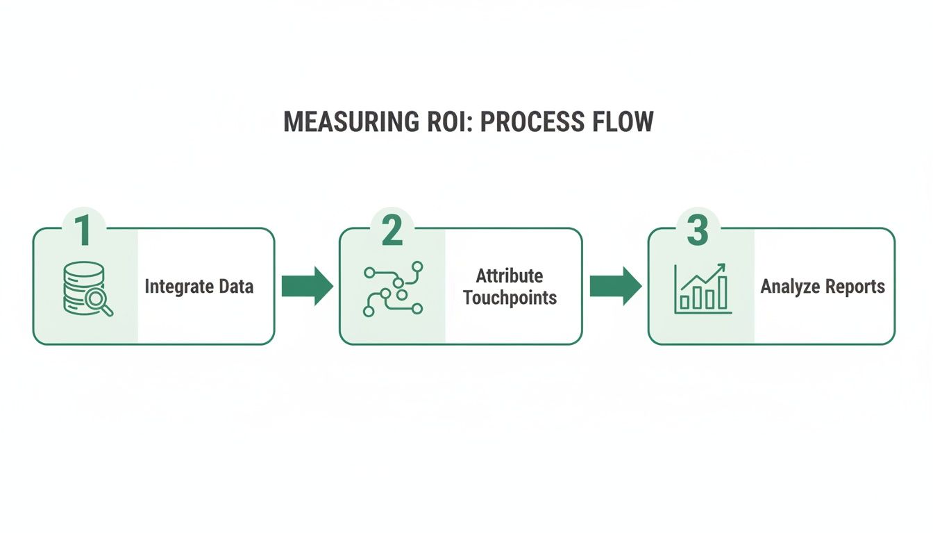 A clear process flow diagram outlining three steps to measure ROI: Integrate Data, Attribute Touchpoints, and Analyze Reports.