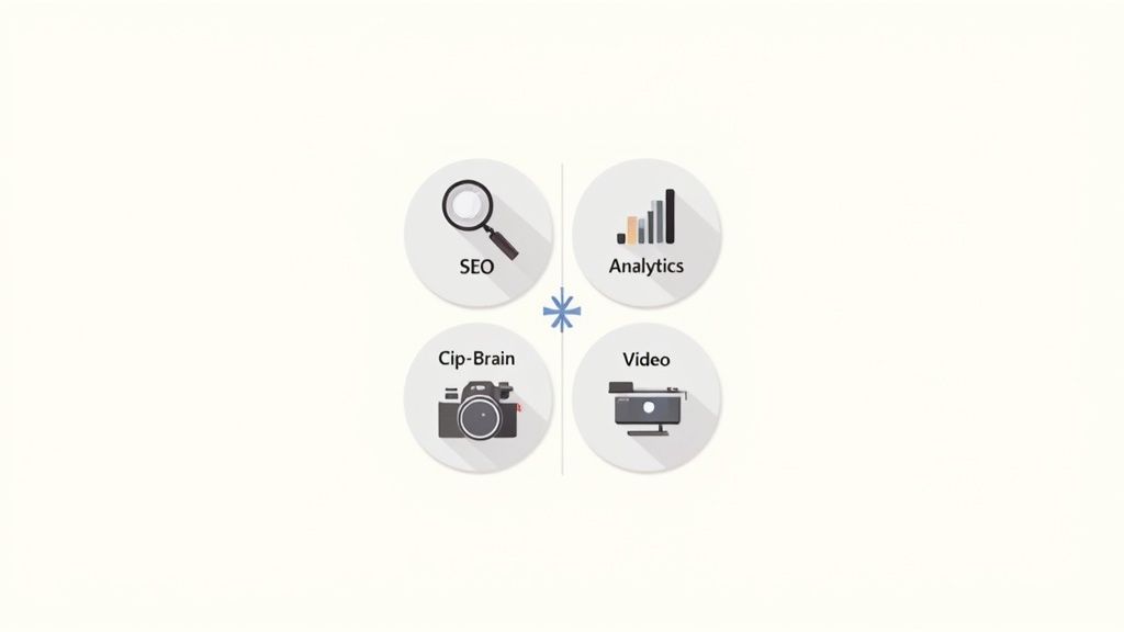 Four circular icons depicting digital marketing concepts: SEO, analytics, content creation with a camera, and video production.
