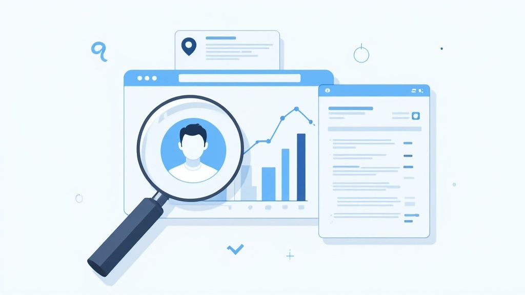 A person researching on a laptop with sticky notes on the wall.