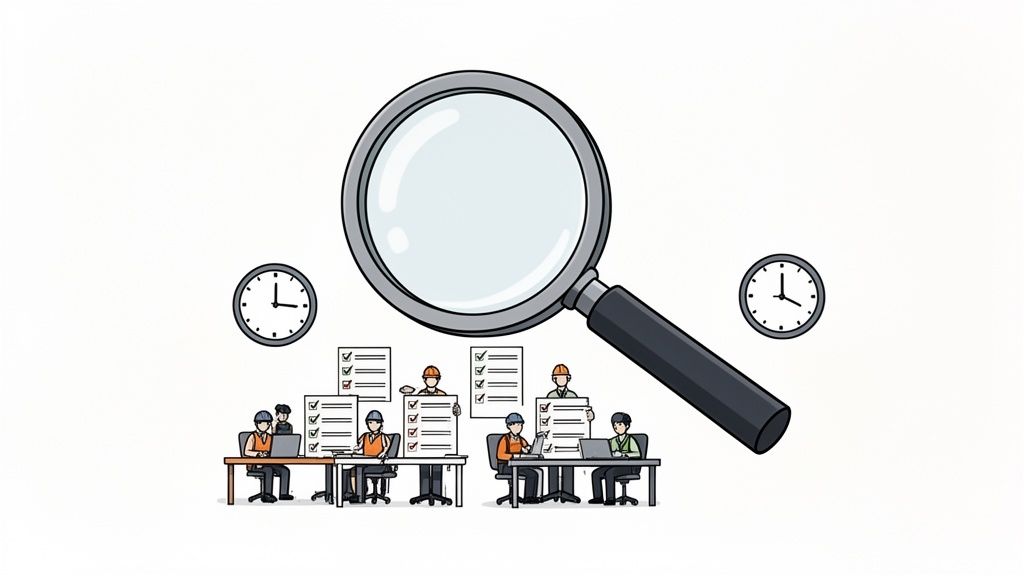 A large magnifying glass hovers over workers at desks with checklists and clocks, symbolizing review and time management.