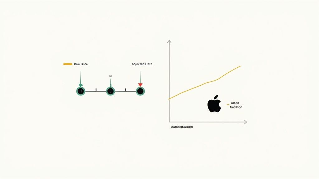 Data adjustment diagram showing raw data transformation curve with Apple logo representing aged condition factor