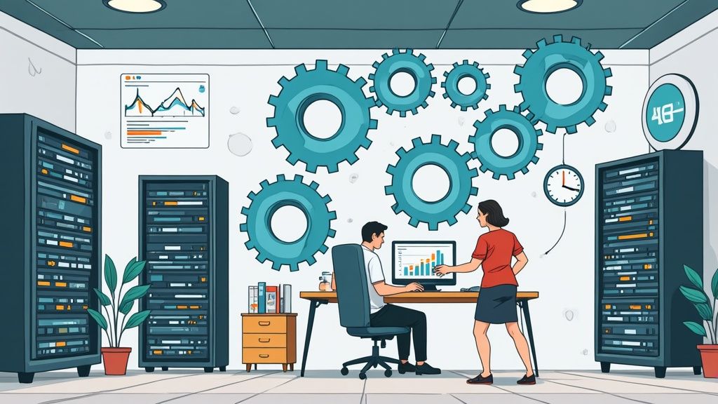 Two individuals analyzing data on a computer in a server room with gears and charts.