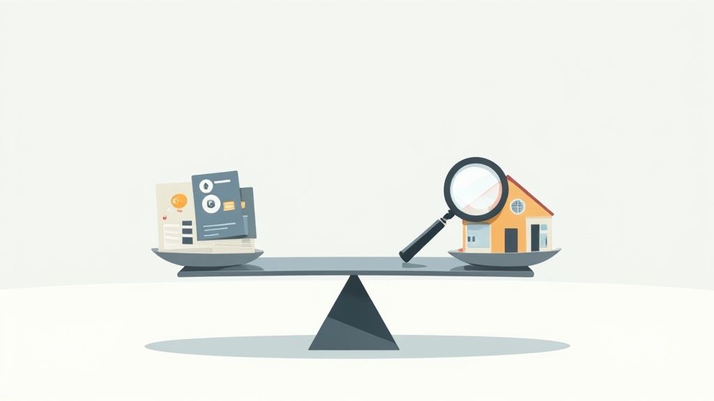 An illustration of a balanced scale comparing property documents and a house being inspected.
