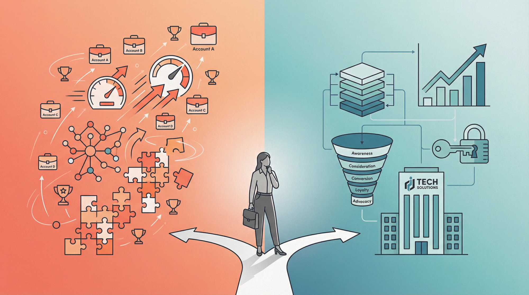 Split-screen comparison showing agency marketing path (breadth, velocity, diverse clients) versus in-house path (depth, ownership, strategic control)
