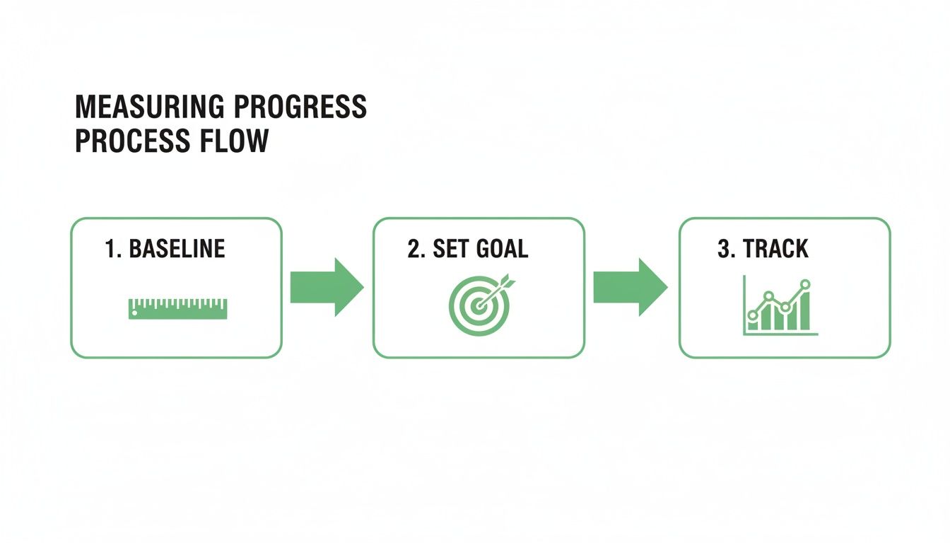 A three-step process flow diagram for measuring progress: Baseline, Set Goal, and Track.