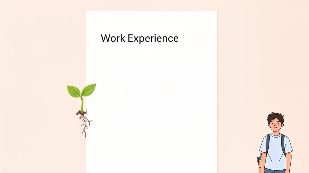 A young sprout with roots and a boy with a backpack next to a resume titled 'Work Experience'.