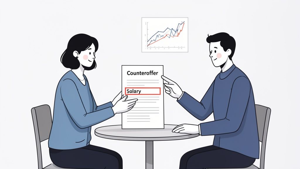 Man and woman negotiating salary on a counteroffer document, with a performance chart.