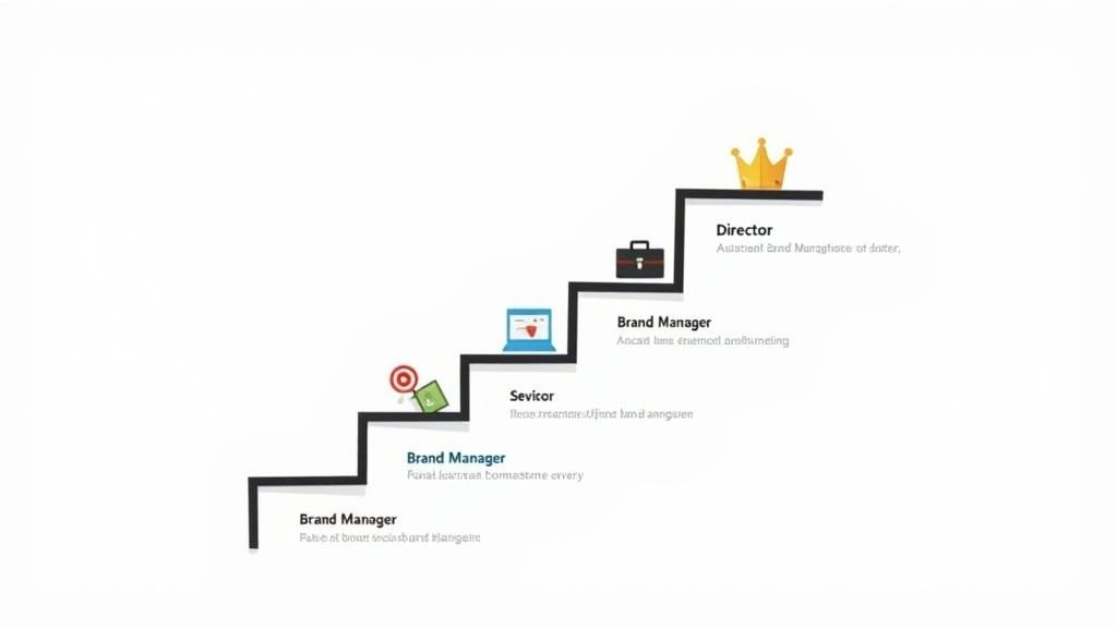 A graphic illustrating a brand manager career path with five steps, culminating in a director role with a crown.
