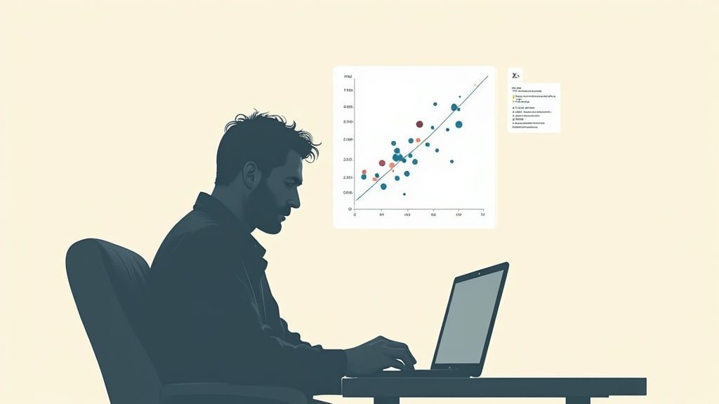 A man in silhouette intently analyzing a data chart displayed on a laptop screen.