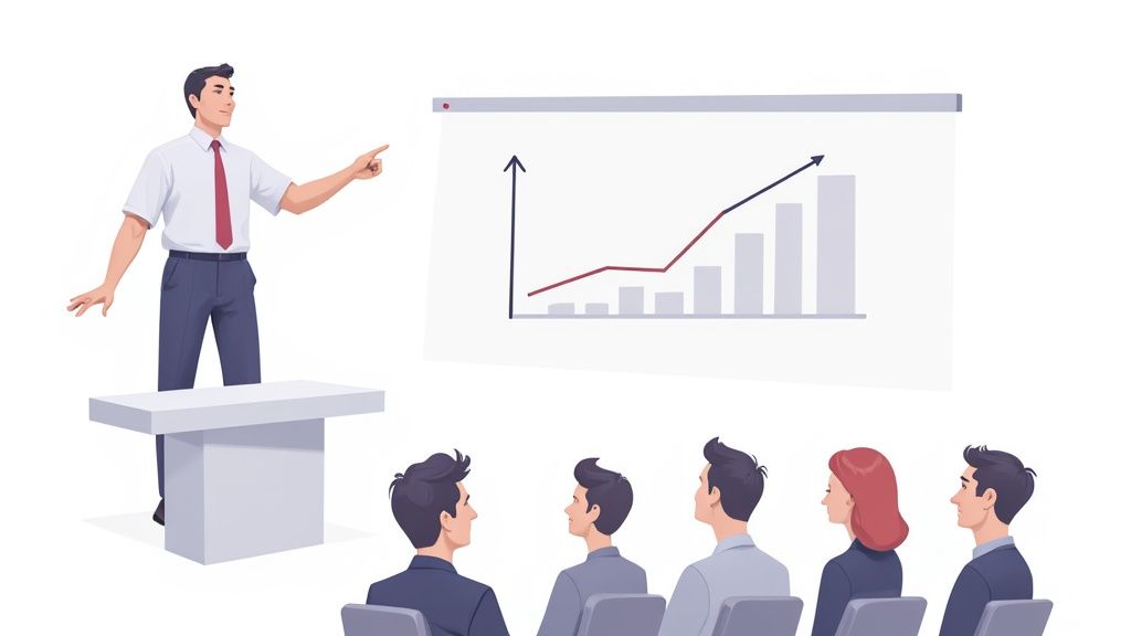 Speaker presents a business growth chart to an attentive audience in a meeting room.