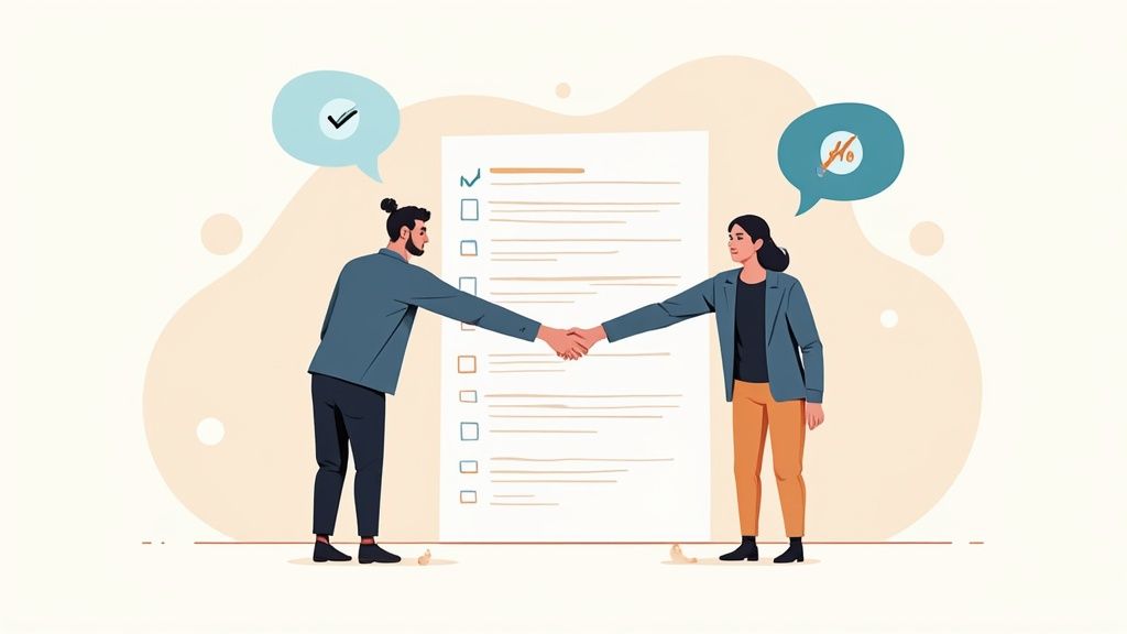 Two professionals shaking hands across a desk during a successful negotiation