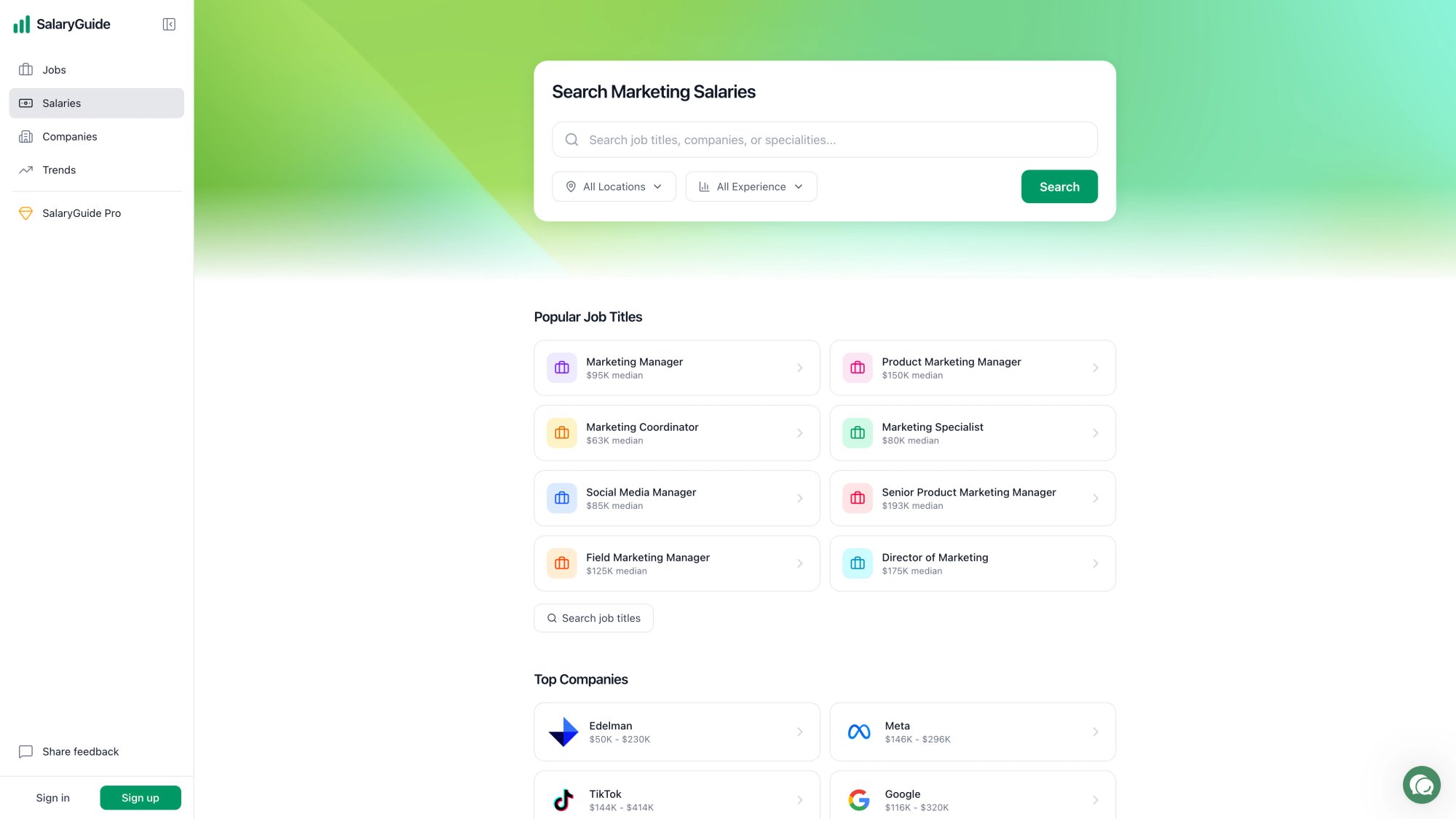 SalaryGuide salary pages showing marketing role benchmarks with in-house vs agency comparisons and experience level breakdowns