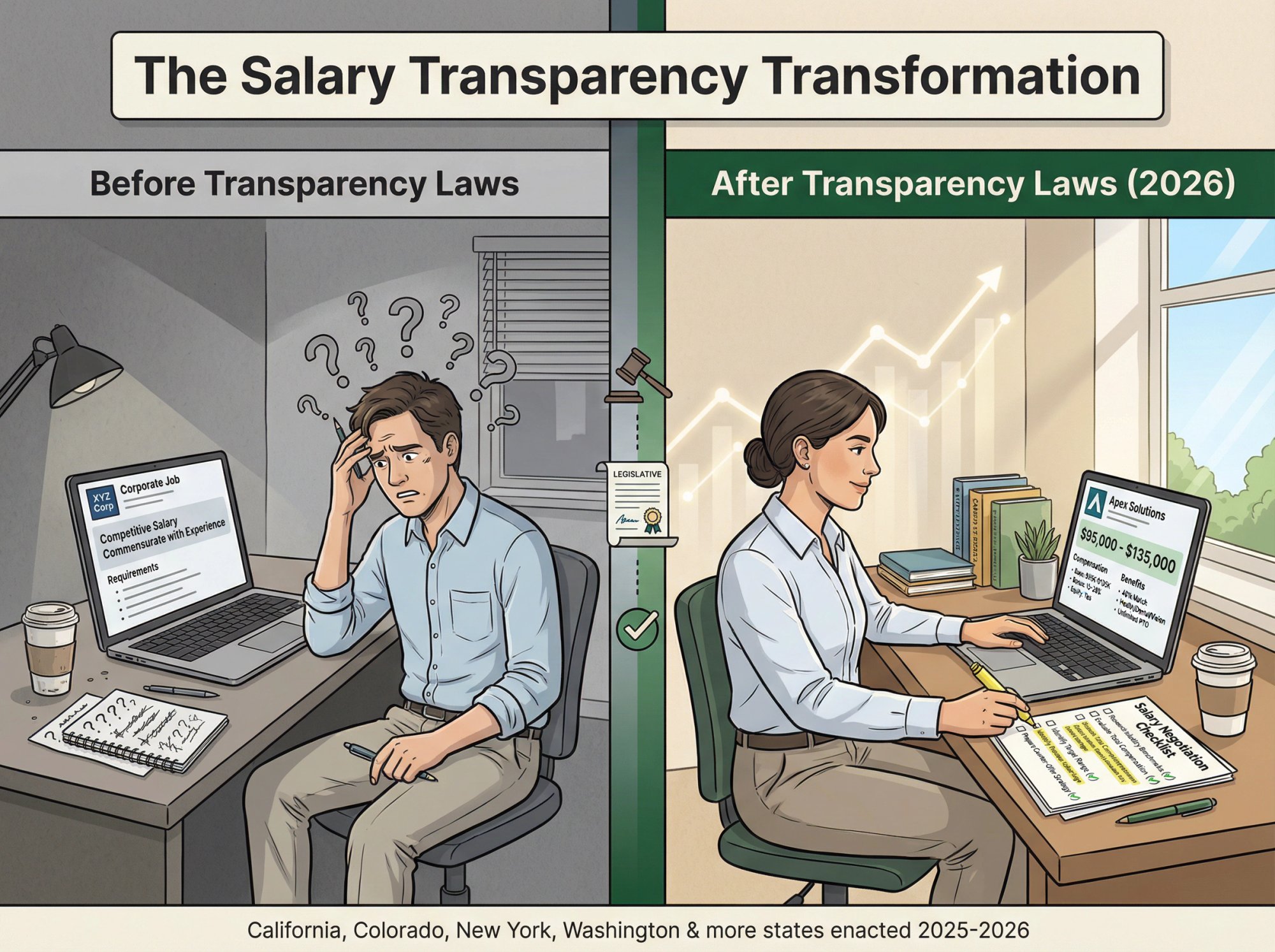 Split comparison showing job posting salary transparency before and after pay transparency laws took effect