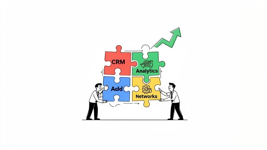 Two men assemble a four-piece puzzle labeled CRM, Analytics, Add, and Networks, with a green growth arrow.