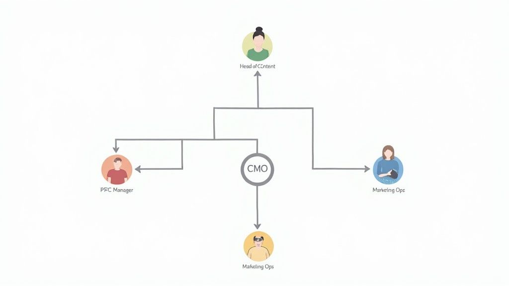 An organizational chart depicting a marketing department structure with CMO, Head of Content, PFC Manager, and Marketing Ops roles.
