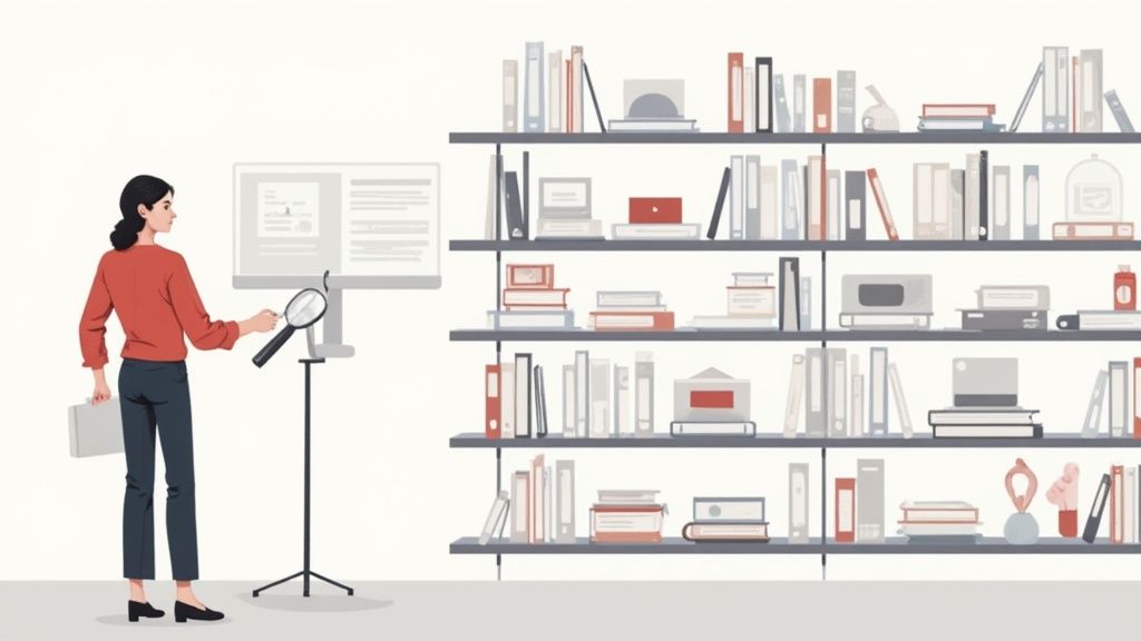 Illustration of a woman using a magnifying glass to analyze digital content on a monitor, beside a large bookshelf.