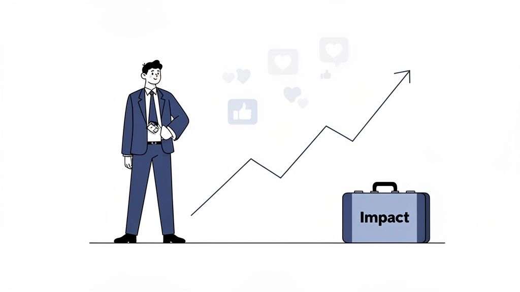 Illustration of a businessman, rising graph, social media engagement, and 'Impact' briefcase.