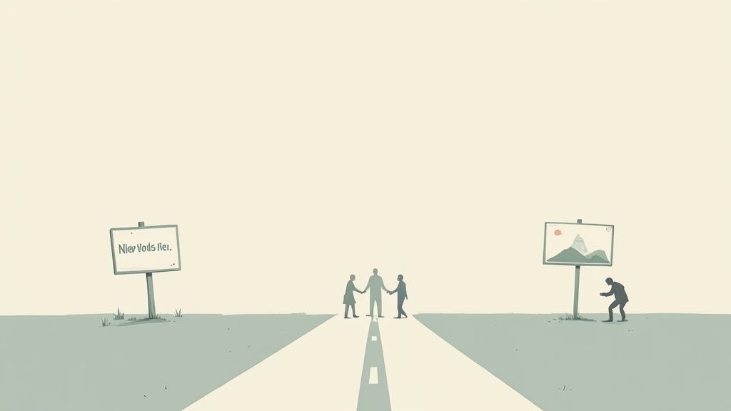 An illustration of three people holding hands on a road, with signs representing different paths or conditions.