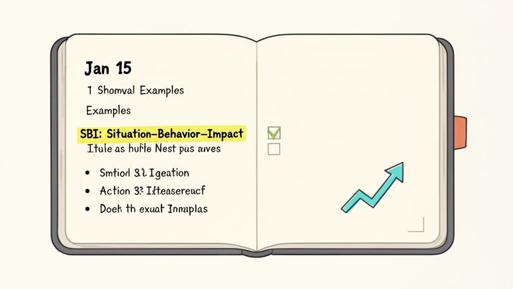 Digital notebook showing 'Jan 15' with 'SBI: Situation-Behavior-Impact' highlighted and other notes.