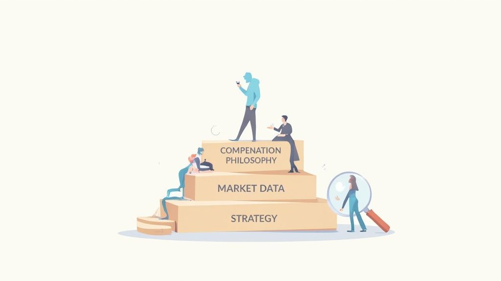 A person at a desk with charts and graphs, representing financial and data analysis for compensation planning.