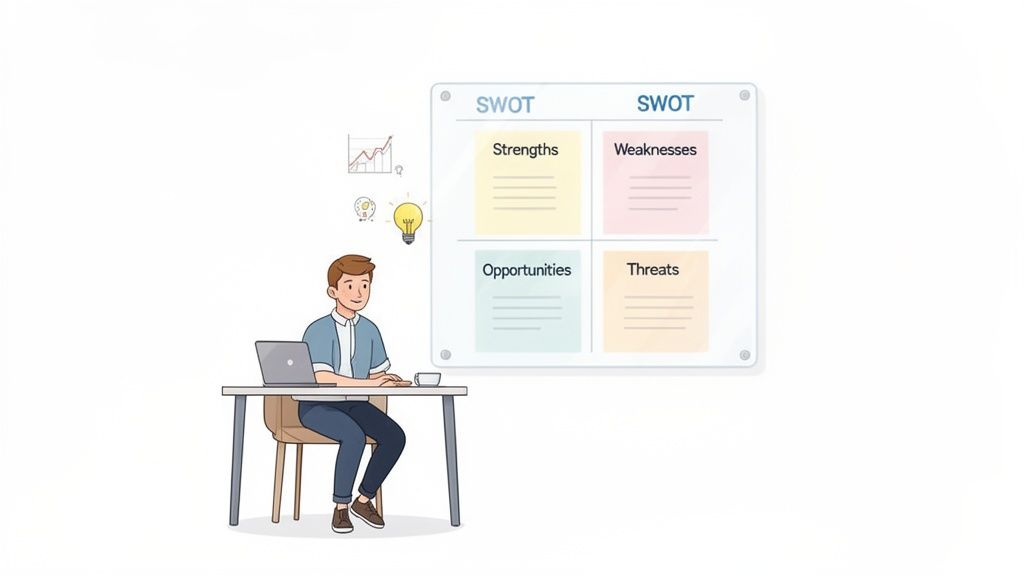 A man sits at a desk with a laptop, looking at a SWOT analysis board for strategic planning.