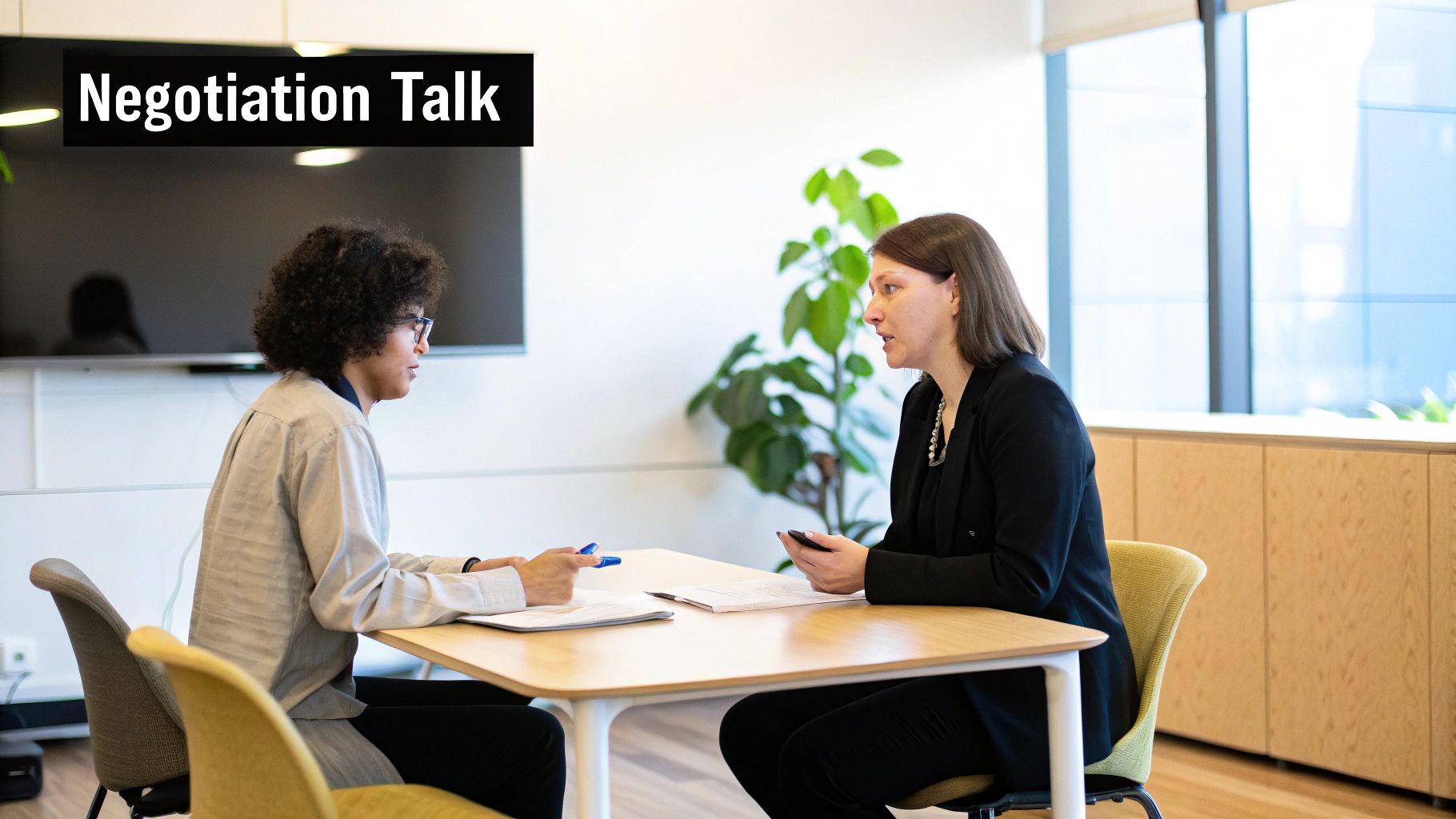 Two professionals engaged in a positive, collaborative discussion in an office setting.