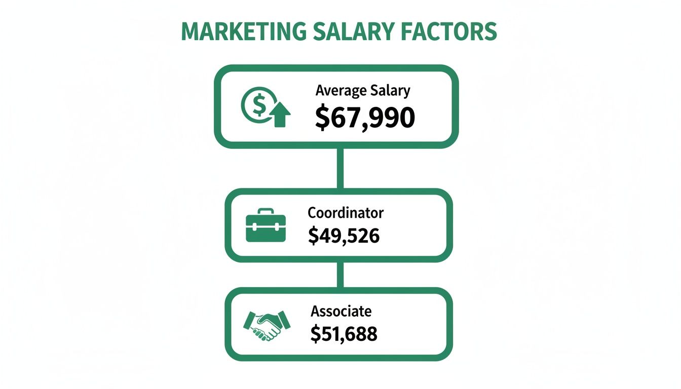Infographic displaying average marketing salary, plus coordinator and associate salaries.
