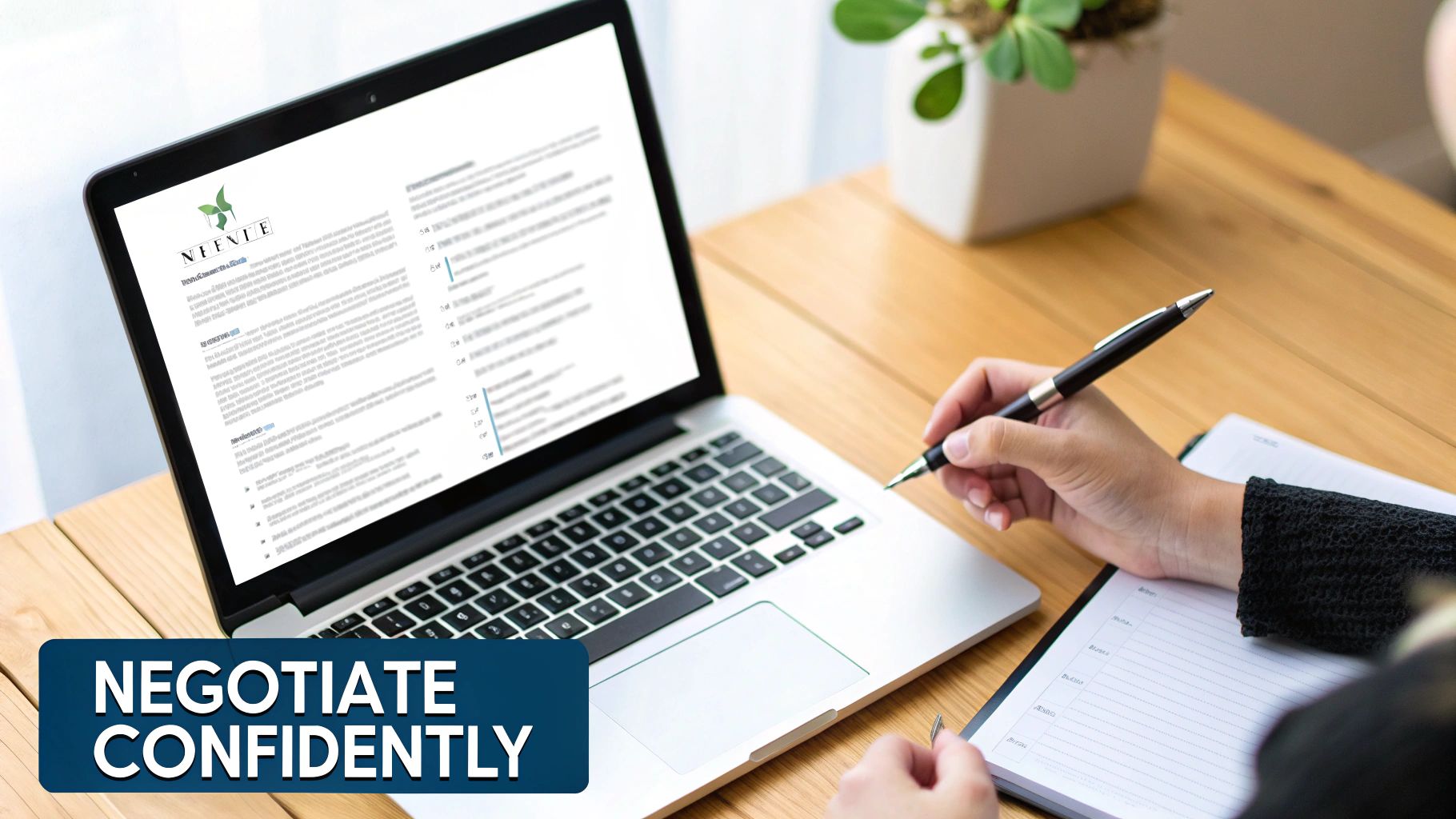 A person at a desk confidently reviewing salary data on a laptop and taking notes, preparing for a negotiation.