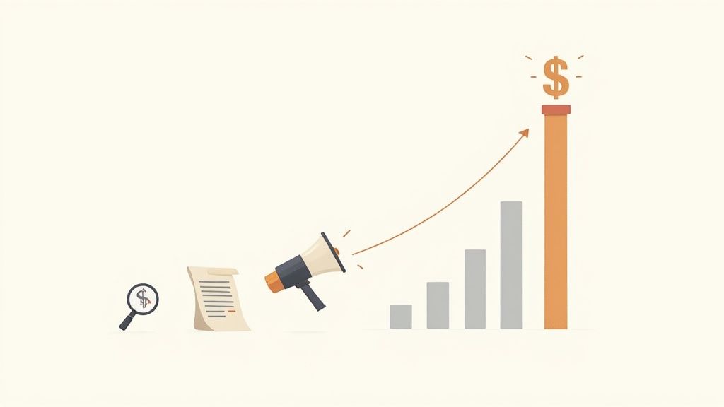 A marketer analyzing a dashboard with charts and graphs, representing business impact.