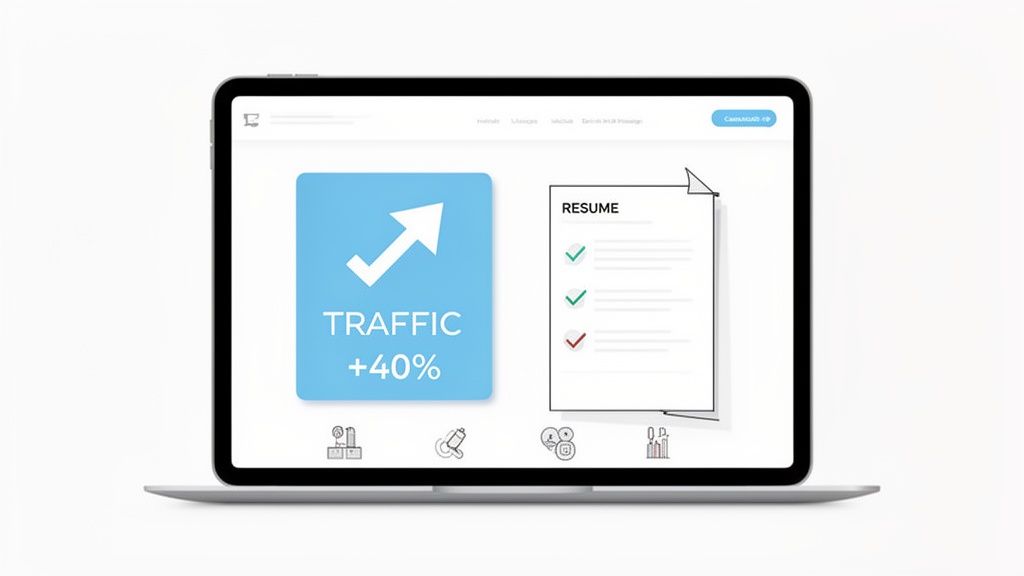 A laptop screen displaying 'TRAFFIC +40%' and a resume document with checkmarks, symbolizing business growth.