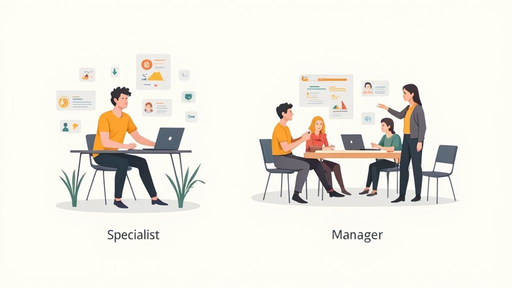 Specialist working independently versus manager leading team meeting, illustrating two career paths