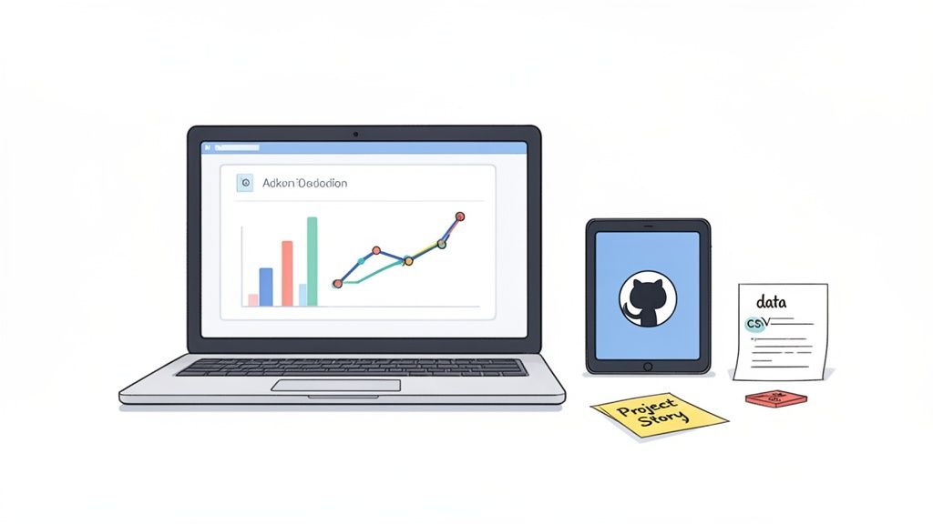 A laptop displaying data analysis charts, a tablet with GitHub, data CSV, and project story notes.