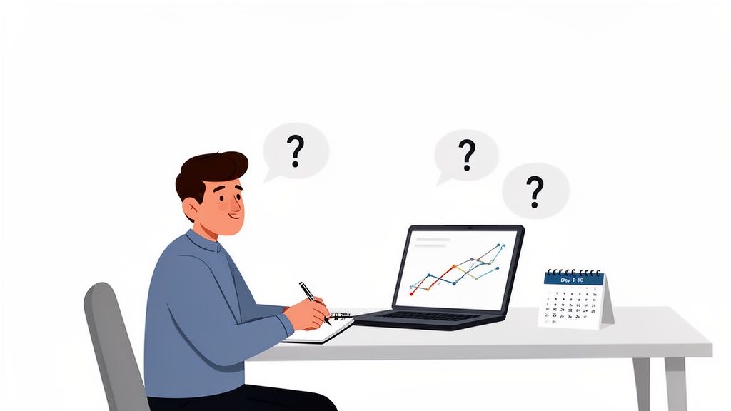 An illustration of a man planning a 30-day strategy, writing notes and viewing a data graph on a laptop.
