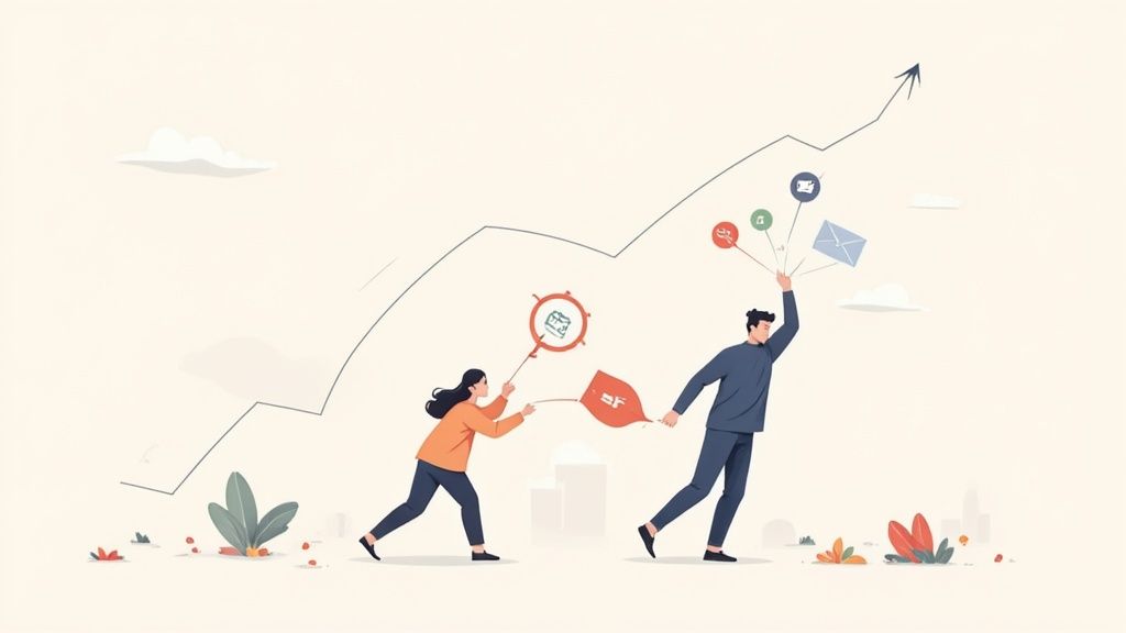 A man and a woman work together to achieve business growth with marketing and content strategy.