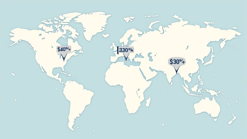 World map showing three data points: $40°+ in North America, 230°+ in Europe, and $30°+ in Asia.
