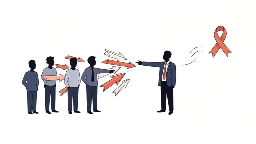 Illustration of a manager figure pointing at a red awareness ribbon while receiving criticism.