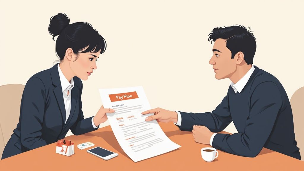 Two business professionals review a 'Pay Plan' document during a meeting at a table.