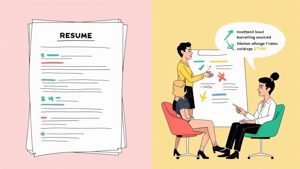 Job candidate presenting resume and qualifications during marketing director interview with hiring manager