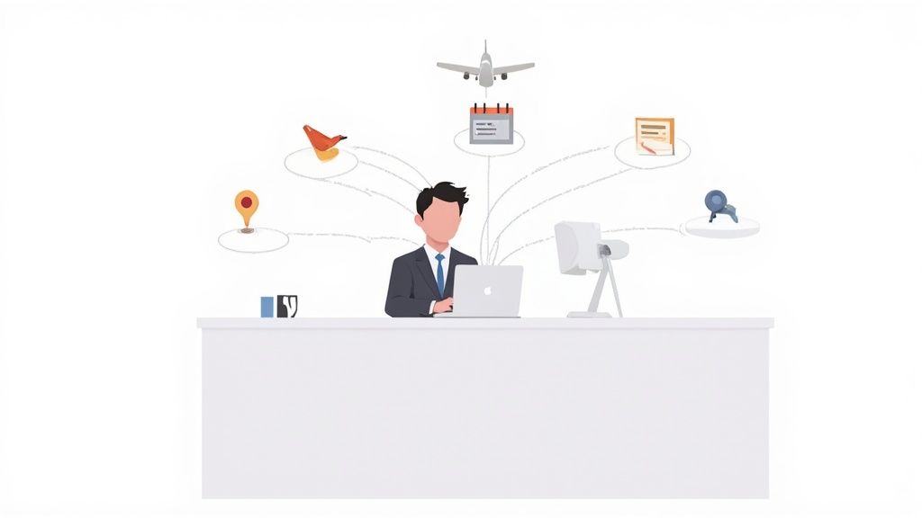 An illustration of a businessman using a laptop, connected to icons representing travel, scheduling, and tasks.