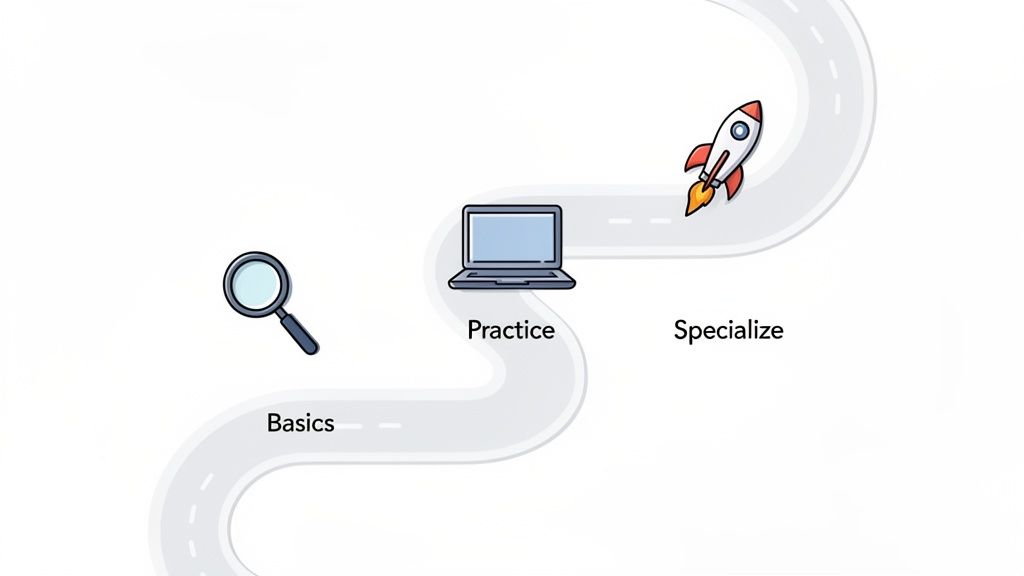 A visual roadmap illustrating three stages of learning: Basics, Practice, and Specialize, with corresponding icons.