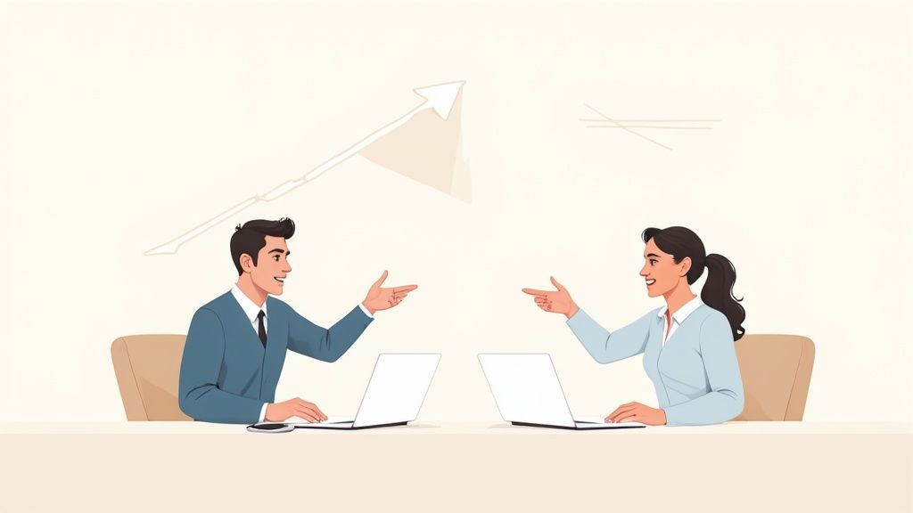 A confident professional reviewing a job offer document at a modern desk.