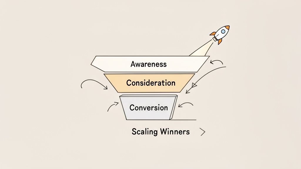 A marketing funnel diagram showing Awareness, Consideration, and Conversion stages with a rocket launching, titled 'Scaling Winners'.